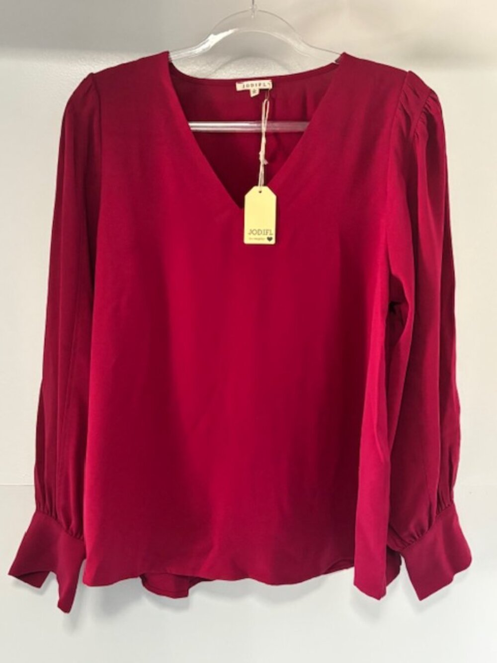 NWT Jodifl L Berry Red V‑Neck Long Sleeve Mother of Pearl Button Cuff Blouse